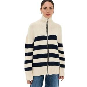 NWT Brandon Maxwell Zip Front Striped Knit Cardigan Ivory Navy Size XL